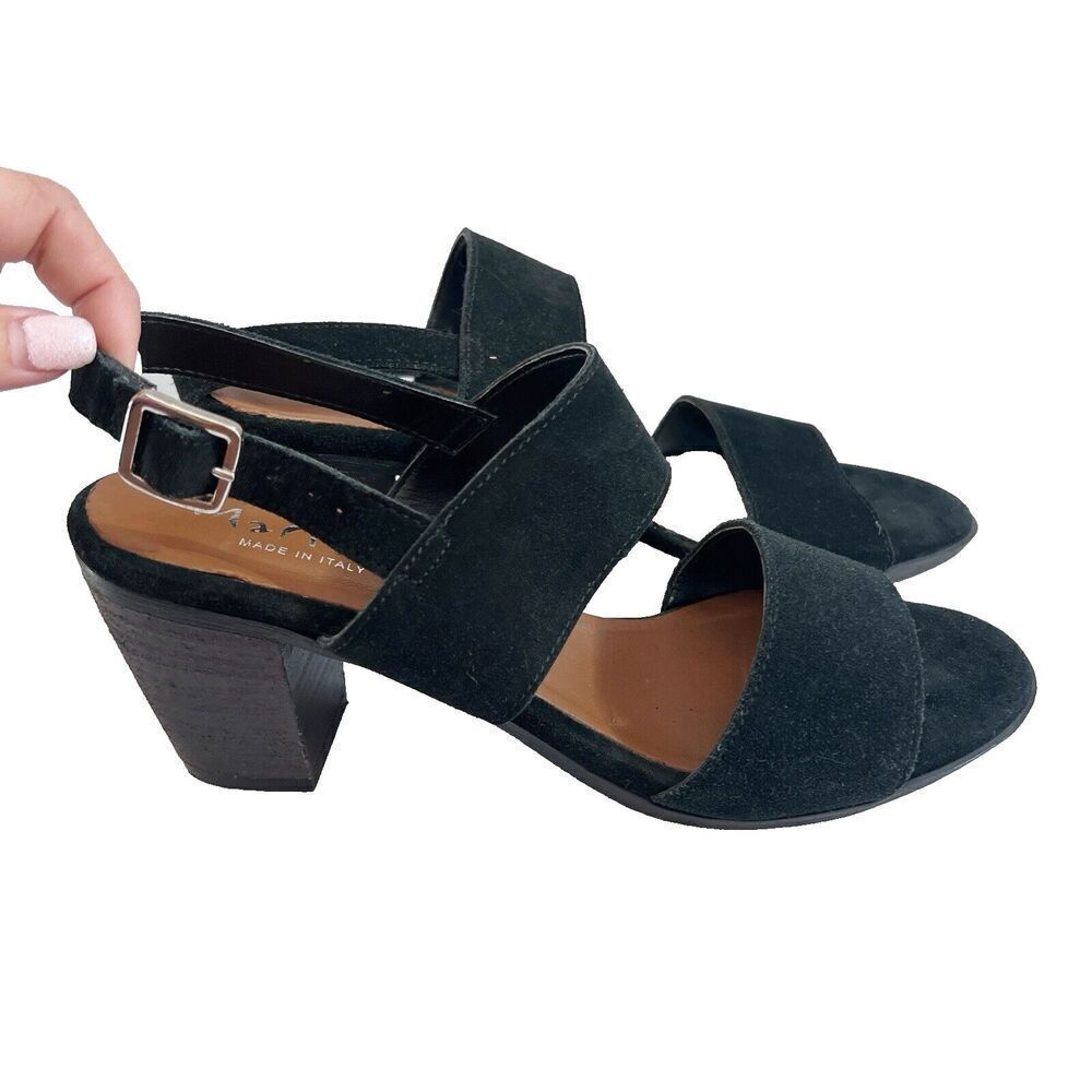 Mariella Black Suede Leather Sandal Block Heels Ankle Strap Italy 9.5 Womens